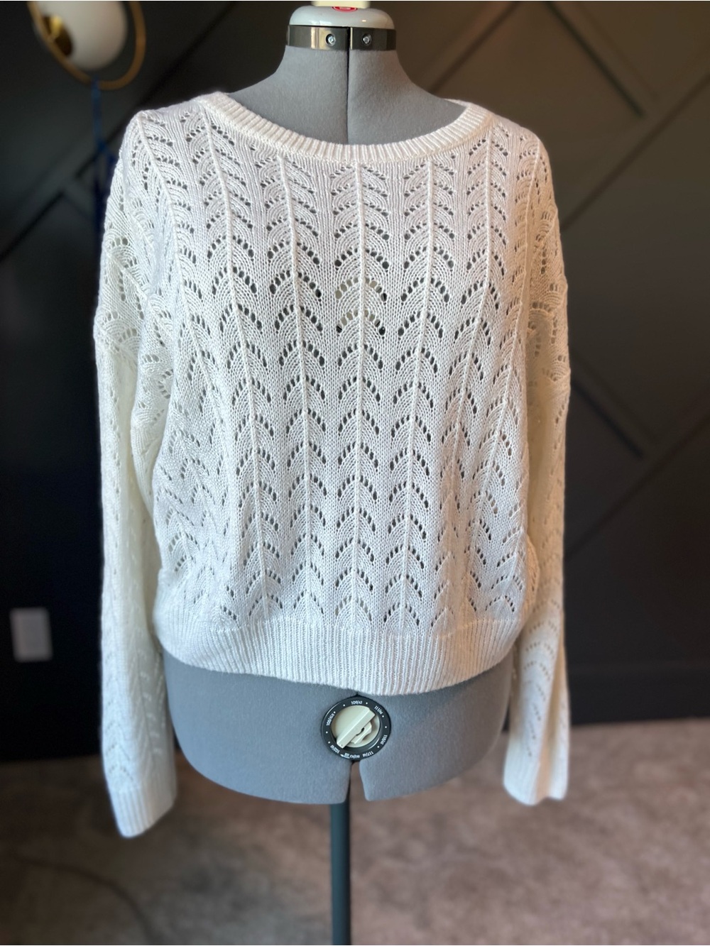 White Open-Knit Crewneck Sweater - Women
